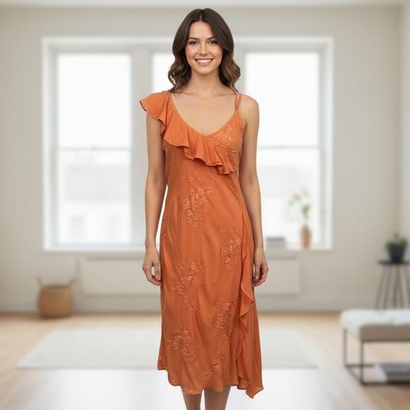 Vintage GHOST Layered Sheer Ruffle Asymmetrical Fairy Y2K Slip Orange Dress, M - Picture 1 of 14